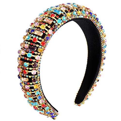 Rhinestone Padded Headband Bejewled Crystal Wide Velvet Hairband Sparkly Wedding Party Headband Hair Accessories For Women Girls (rainbow)