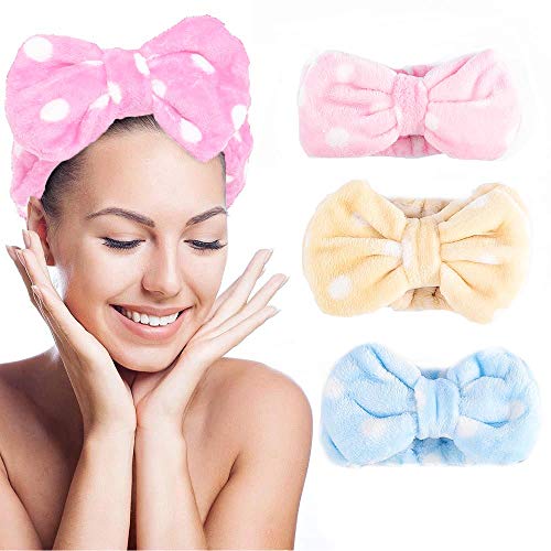 Avanlin Bow Headbands Pink Spa Hair Band Cute Elastic Hair Wraps Coral Fleece Hair Bands Spa Wash Makeup Facial Stretch Headband Hair Accessories for Women and Girls (Pack of 3) (Set-9)
