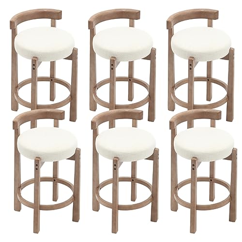 Image of CIMOTA 26.5 inch Counter Height Bar Stools Set of 6 | Mid Century Modern Low Back Bar Chairs with Solid Wood Legs & Linen Upholstered Seat, Kitchen Island Stools, Beige
