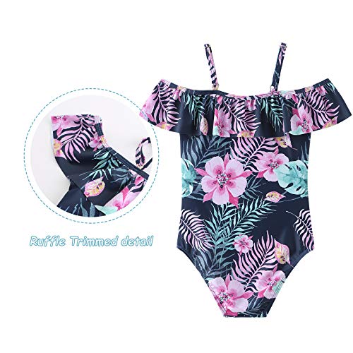 Image of Girls One Piece Swimsuits Off Shoulder Bathing Suit Kids Hawaiian Floral Swimwear 3-16 Years