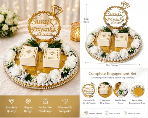 Image of Engagement Ring Platter, Ring Platter for Ring Ceremony,10x10x8 inch, 2 Ring Boxes, Pink Theme, Artificial Flowers - Customised (Off-White)