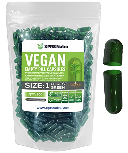 Image of XPRS Nutra Size 1 Empty Capsules - 500 Count Empty Vegan Capsules - Vegetarian Pills - DIY Vegetable Capsule Filling- Veggie Pill Caps for Do-It-Yourself Supplements (Forest Green)