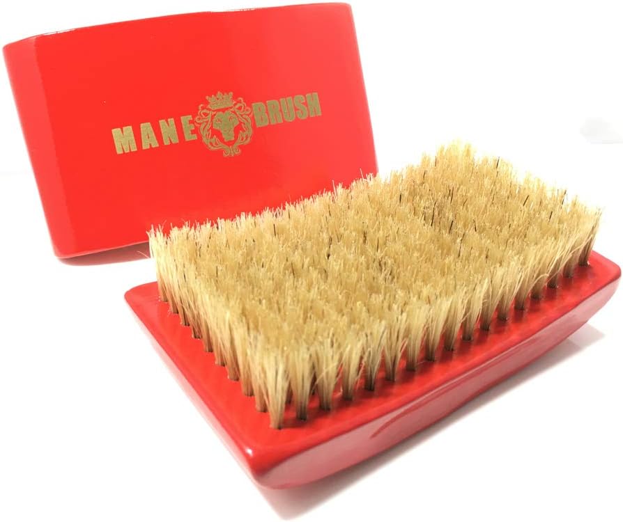 The Mane Brush - Mens Curved Military Hair and Beard Brush - Curved 360 Wave Brush - 100% Boar Bristle (Red/White Bristles)