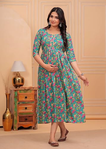 Image of JAIPURFAME Stylish Women's Pure Cotton All Over Printed Kurti Gown, Maternity Dress, and Feeding Dress - Comfortable and Elegant Maternity Wear for Women