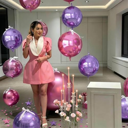 Image of 8 Pcs Pink Purple Round Foil Balloons Metallic Purple Lavender Baby Light Pink 4D Ball Balloons 22 In Ornament Mylar Balloon for Girl Birthday Graduation Wedding Anniversary Disco Party Decor