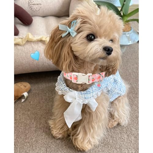 Image of Peach Dog Collar, Summer Spring Cotton Dog Collar, Cute Fruit Pattern Adjustable Pink Pet Collar, Lightweight Durable Quick Release Buckle with Charm for Female Dogs