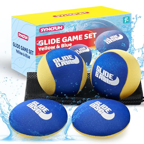 SYNCFUN 4 Pcs Skip Water Balls,Splash Water Bouncing Balls with Mesh Bag, Beach Toys for Kids, Pool Toys for Friends and Family, Fly Swimming Game Adults, Boys,Teens, Great for All Ages (Yellow, Blue)