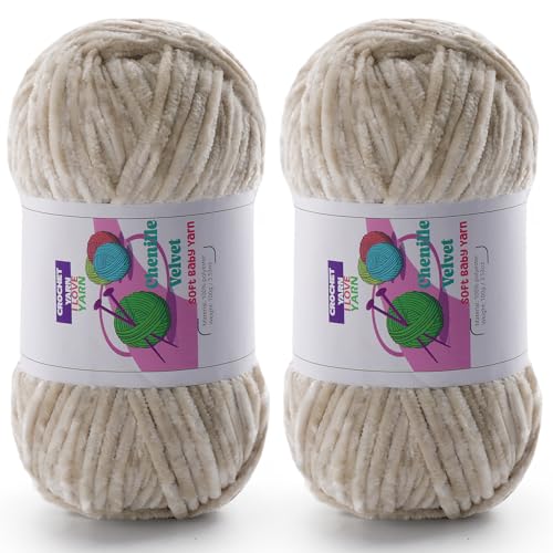 Image of Chenille Velvet Yarn for Crocheting, Beige Fuzzy Fluffy Yarn for Crochet | 2 Pack of 3.5 Oz /131.2 Yds Bulky Thick Chunky Yarn for Crocheting, Soft Amigurumi Yarn for knitting Baby Blankets, Scarves