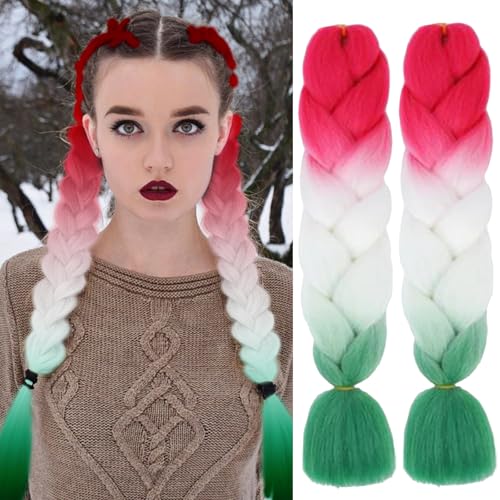 2 Pcs Red-White-Green Ombre Braiding Hair Extensions for Women 24