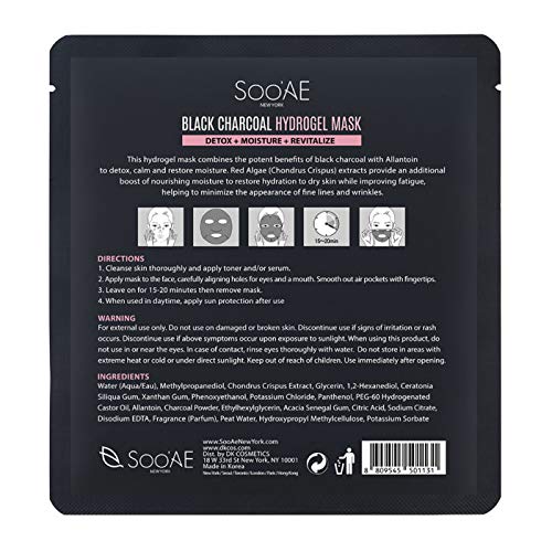 Soo'ae Black Charcoal Hydrogel Mask, Pack Of 12, Detox Moisture Revitalize Premium Black Hydrogel Facial Masks #TOP7