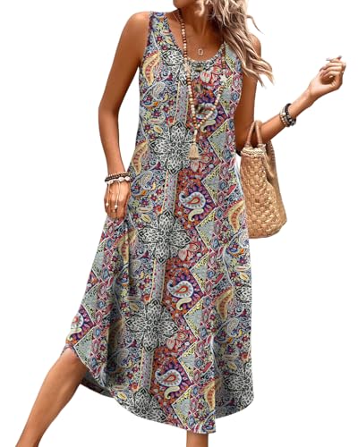 WIHOLL Summer Dresses for Women UK Ladies Sleeveless Dress Womens Button Front Beach Sundresses with Pockets Midi Length Dresses Size 18-20 Bohemian Color