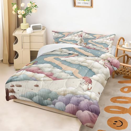 Image of AILONEN Aesthetic Sky Comforter Queen Size 3 Pieces Whimsical Cat Path Bedding Master Guest Room Luxury Decor Pastel Rainbow Quilted Blanket All Season Microfiber Bedspread Set