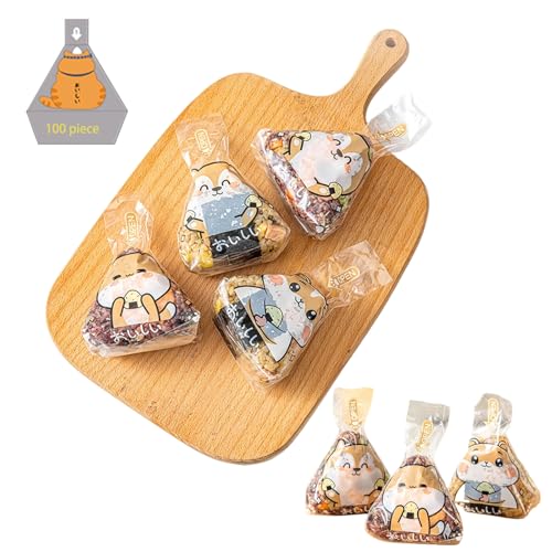 100-Pack Onigiri Wrappers with Stickers - Food Grade Plastic Musubi Wrappers for Triangle Rice Balls Microwave & Fridge Safe Perfect for Bento & Picnic