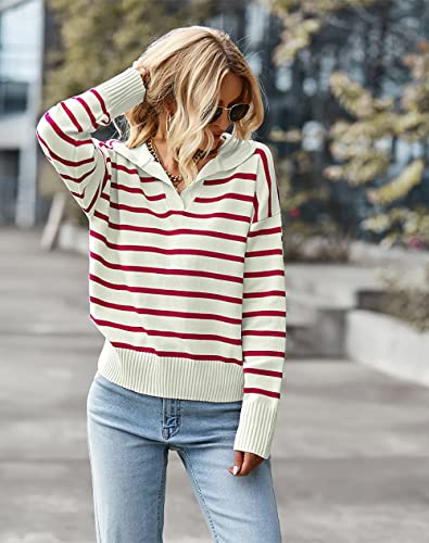 Womens Fall Striped Sweater Casual Long Sleeve V Neck Collared Knit Pullover Tops4