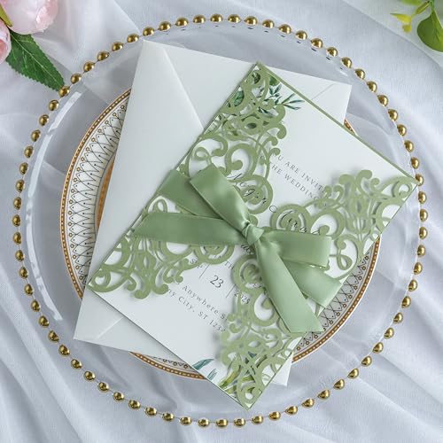 Ponatia 001-16 25Pcs 5.12 X 7.1 '' Sage Green Laser Cut Wedding Invitations Cards thumb #2