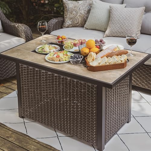 Image of Nuu Garden 43 Inch Outdoor Propane Gas Fire Pit Table 50000 BTU CSA Certified Patio Fire Table with Ceramic Top and Protective Cover Dark Brown