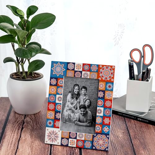 Image of Photo Frame with Gift Box | Size: 9 inch x 7 inch (Photo 4 inch x 6 inch) | Floral Tiles | Aesthetic Decorative Photo Frame for Wall Mount and Tabletop