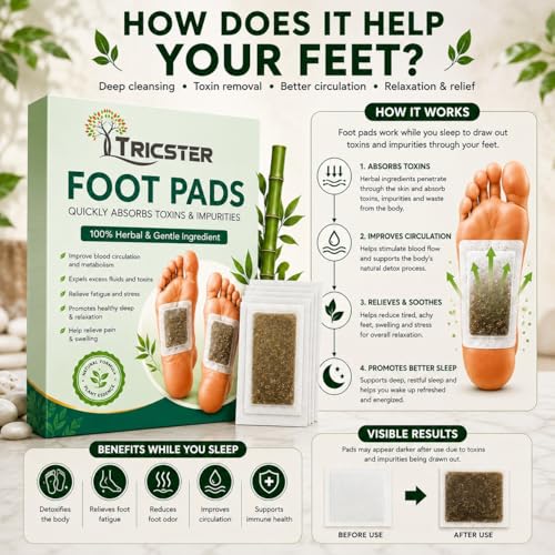 Image of TRICSTER Detox Foot Patches for Deep Cleansing & Relaxation | Natural Bamboo Vinegar Ginger Foot Pads for Toxin Removal, Stress Relief, Better Sleep & Foot Care | Herbal Foot Patch for Men & Women (Pack of 50)