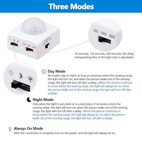 GOMING DC 5V 12V 24V Dimmable PIR Human Motion Activated Sensor Switch 3 Lighting Modes 3 Timing Off Modes 3 Brightness Modes for DIY LED Lighting(Max Load 72W) - Image 3