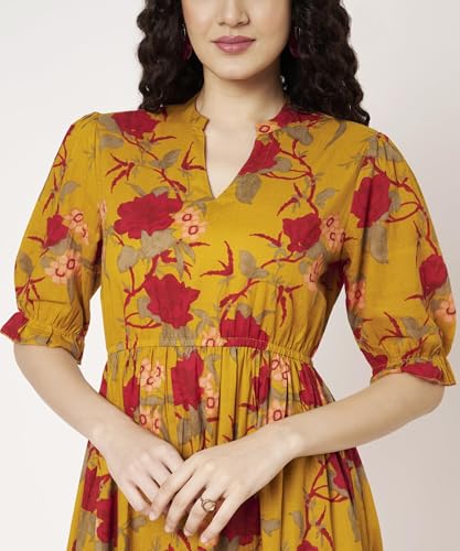 Image of PIDAVLIYA'S Women's Cotton Floral Printed Midi Dress | V-Neck Fit & Flare Dress with Puff Sleeves | Casual Summer Wear
