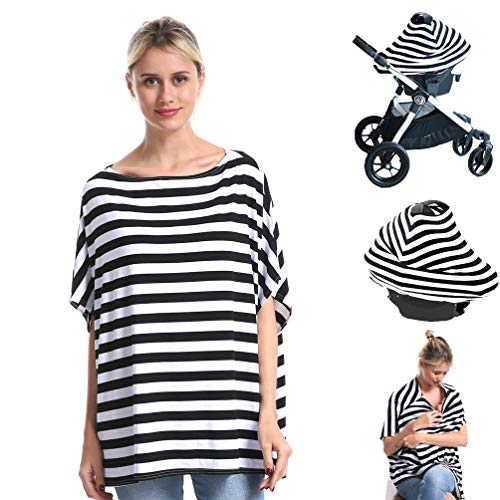 Image of Nursing Breastfeeding Cover Car Seat Canopy for Infant Baby, Soft Bamboo Jersey, Extremely Stretchy, All-in-one Carseat Stroller Cover, Nursing Cover Up Poncho Tops Clothe, Nurse Gift Stripe