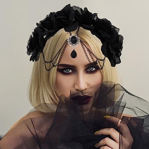 Gortin Gothic Headband Halloween Black Rose Headpiece Head Chain Vintage Flower Headband Masquerade Cosplay Party Costume Hair Band Witcher Makeup Ball Hair Accessory For Women thumb #2