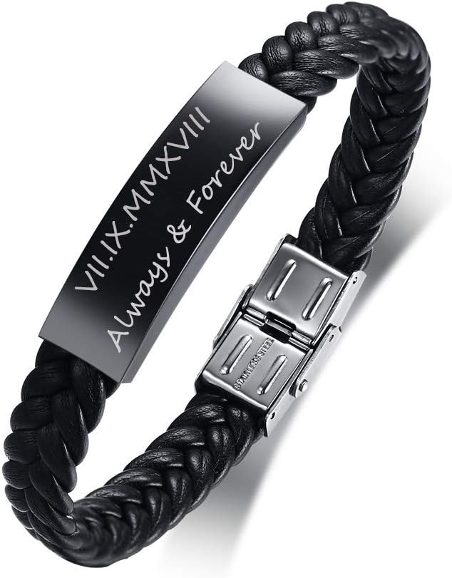 XUANPAIChristmas Gifts Personalized Black Stainless Steel ID Message Braided Leather Bracelets Jewelry for him,Custom Men Bracelet