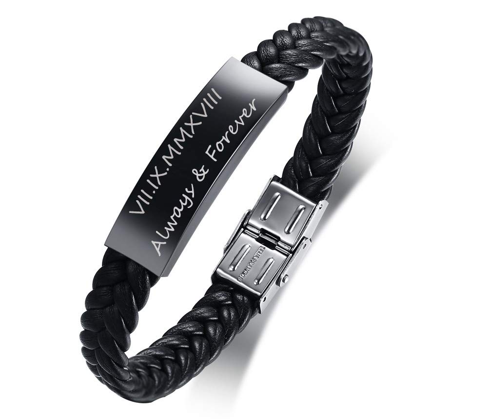 XUANPAIChristmas Gifts Personalized Black Stainless Steel ID Message Braided Leather Bracelets Jewelry for him,Custom Men Bracelet
