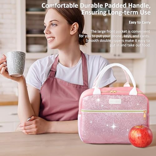 BAOGCOYO Lunch Bag For Women, Leakproof Glitter Lunch Box, Cute Lunch Tote Bag Adult, Large Capacity Insulated Reusable Cooler Lunch Containers for Work Travel Picnic or Office (Pink Bling Sparkle)