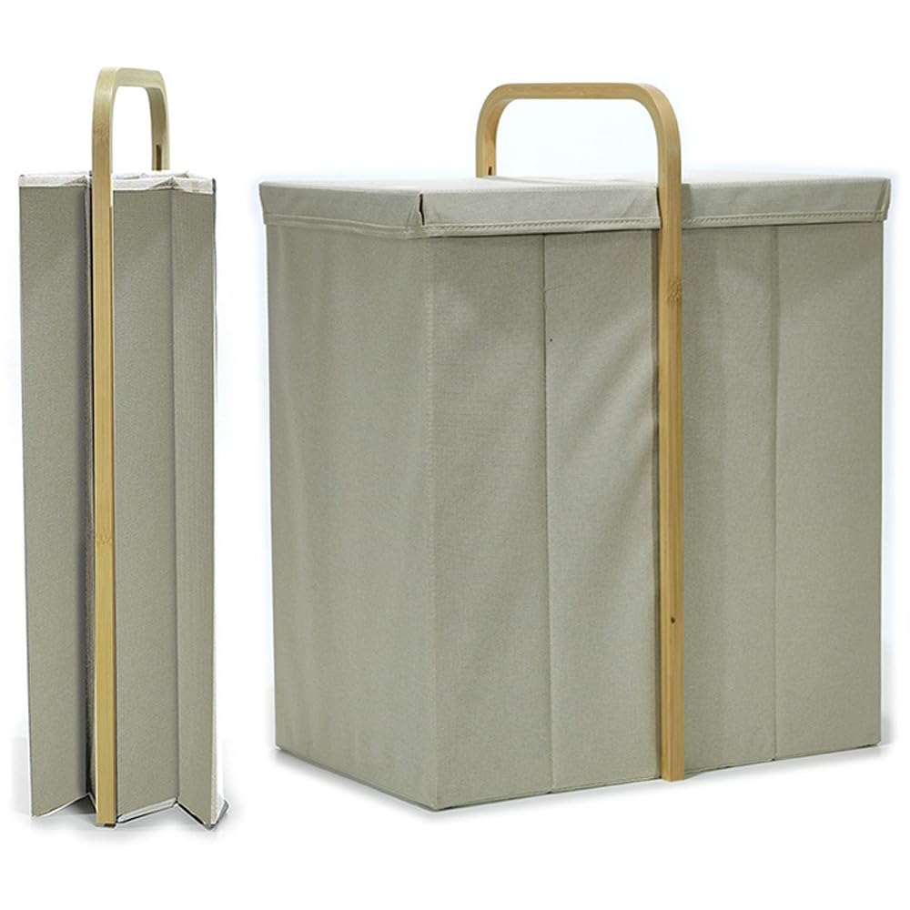 Cesta Portabiancheria Ordinet Pieghevole 2 Scomparti in tessuto con manico in Legno di Bambù, Cesto Lavanderia Salvaspazio con Coperchio per Giochi e Vestiti, L50xP36xH65cm, Beige