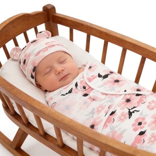 Image of Baby Swaddle Sleep Sack with Hat Set for Girls (Pink Flower Set) | 3-pack Cotton Nursery Swaddling Blankets for Infant 0-3 Months, Newborn Registry Essentials