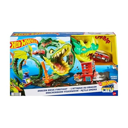 Hot Wheels City Ataque del dragón Pista para Coches de Juguete con estación y camión de Bomberos, +5 años (Mattel HJV70)
