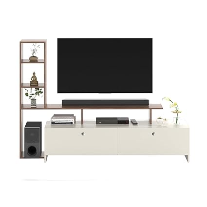 Burlyworth Ameya Engineering Wood Floor Standing TV Entertainment Unit Set Top Box Stand, TV Cabinet with Storage Shelves, Standard, for Upto 43 Inches (Exotic Teak & White)