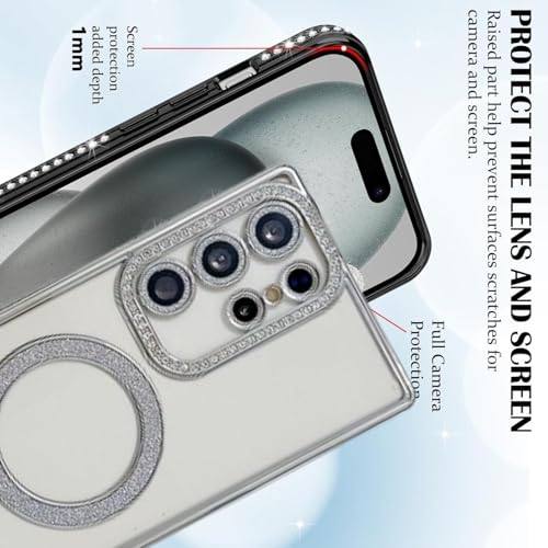 Image of for Samsung Galaxy Glitter Case,Luxury Bling Rhinestone Diamond Plated Bumper Case,MagSafe, Sparkle Camera Lens Protection Clear Back Cover (Silver, for Samsung Galaxy S25 Ultra)