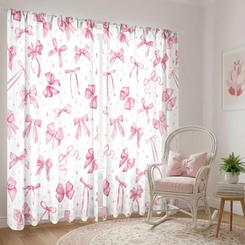 SmoothNovelty 2 Pcs Pink Bow Curtains for Living Room Pink Bow Curtains 52 x 84 Inches Cute Coquette Girls Window Drapes Wedding Bedroom Party Decor