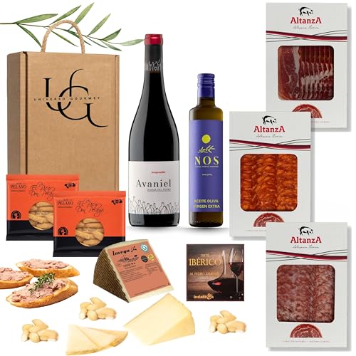 UNIVERSO GOURMET | Cesta Gourmet para Regalar | Vino DO.Ribera | Aceite Oliva Virgen Extra | Embutidos Ibericos Bellota | Paleta Ibérica y Queso Curado | Pate Pedro Ximenez y Picos Pan Artesanos