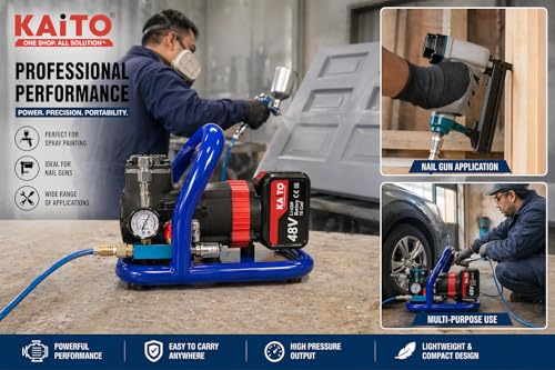 Image of KAITO 48V Cordless Air Compressor Machine | Portable Heavy-Duty Mini Compressor Pump with 15-Cell Lithium-Ion Battery & Charger | 175 Max Pressure, 75dB | Cars, Bikes, Nailing & Spray Painting Black