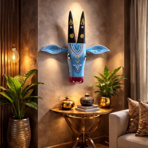 Image of DEAL-ART-CRAFT Handpainted Wooden Cow Head Wall Decor for Living Room, Puja Room, Housewarming Gift, 12 inch (Blue)