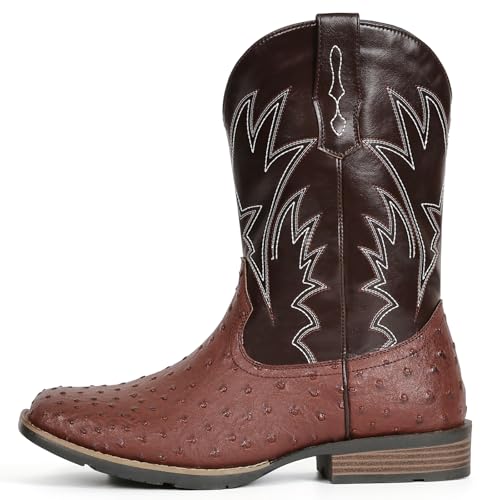 Image of IUV Cowboy Boots For Men Western Ostrich Wide Embroidered Pull On Boots | Durable & slip-resistant pull-on boots, Fashionable embroidered design, Vintage style for men, stylish for casual.