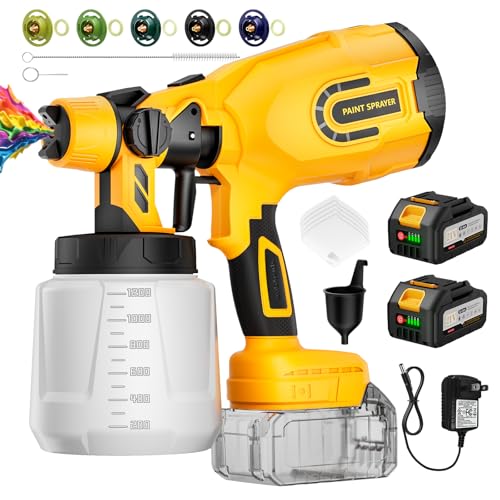 Cordless Paint Sprayer with 2 Batteries, 650W HVLP 21V Battery Powered Handheld Paint Gun Kit, 5 Nozzles & 3 Spray Patterns, Efficient Electronic Tools for Fence, Wall, Cabinets, House Painting