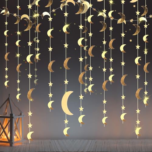 Glitter Star Moon Garland Banner Decor, 130 Feet Star Hanging Bun...