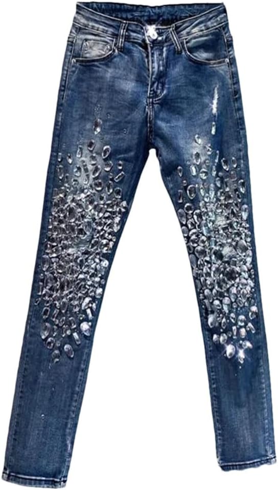 Women Skinny Stretch Denim Jeans with Handmade Beaded Rhinestones and Crystal Design for Party Look