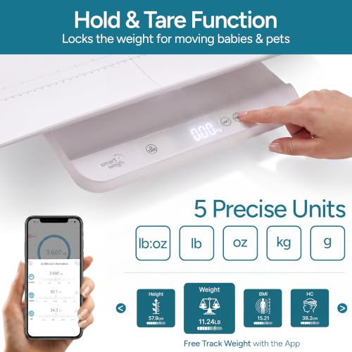 Image of Smart Weigh App Digital Baby Scale for Infants, Toddlers, Kids and Adults, 330 lb / 150 kg Capacity, 0.1 lb Accuracy, Weight Tracking App, Removable Tray, White