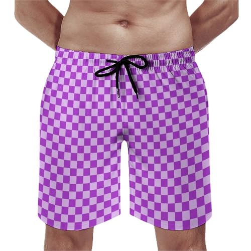 Hawaiian Shorts for Men - Purple Lilac Checkered Print Quick Dry Mens Swim Trunks Bathing Suits with Mesh Lining