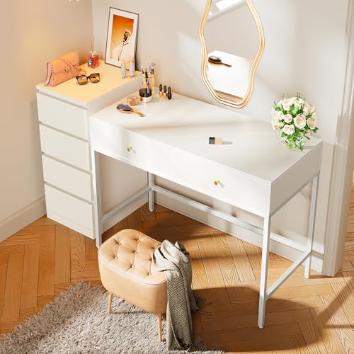 Image of SUPERJARE White Vanity Desk with Drawers, 31.5 inch Computer Desk