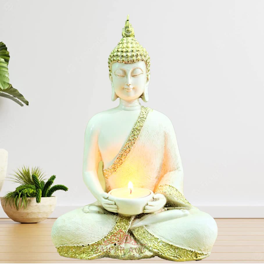 JAIPUR ACEBuddha Sitting with Tea Light in Hand Polyresin Idol - Perfect for Living Room, Bedroom and Office Space Home Decor Staircase Wall Decoration Ideal Gifting (Buddha with Tea Light)