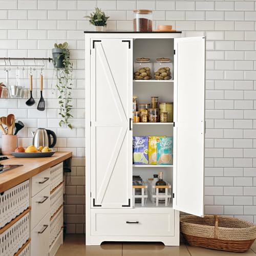 Pamapic Farmhouse Kitchen Pantry Cabinet - 71" Tall Wooden Storage Cabinets with 2 Barn Doors, Versatile Storage Cabinet with Shelves & Drawers for Dining Room, Bathroom,White
