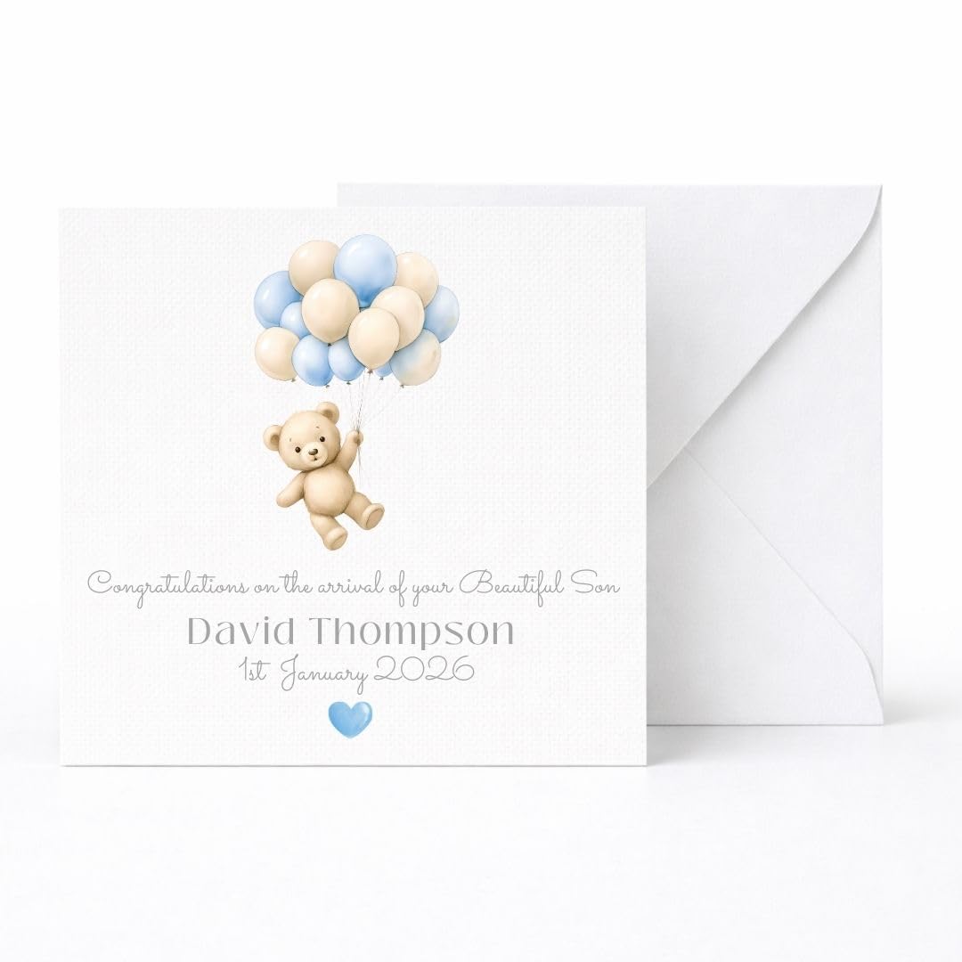 Personalised New Baby Boy Card – Blue Teddy Balloon Design – Custom Name, Date & Relation – Welcome to the World Card – Keepsake Gift for Son, Grandson, Nephew