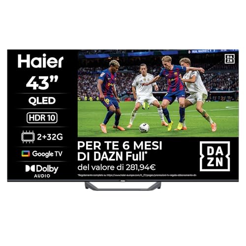 Haier QLED 4K UHD H43S81FUX 43'' Smart TV, Google TV, Dolby Audio, HDR 10, Telecomando Smart, Google Assistant, Bluetooth 5.1, Gaming 120Hz, USB 2.0, DBX TV, HDMI 2.1 x 4