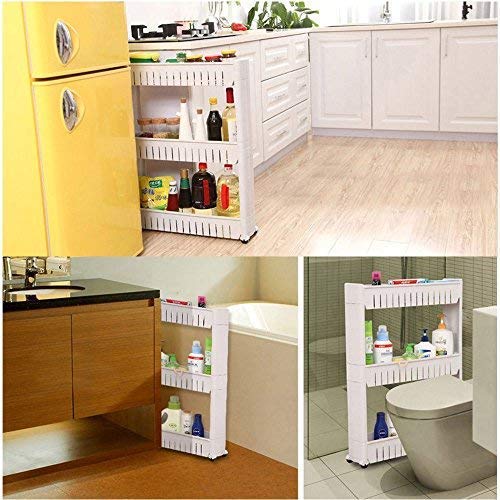 Ebee 3 Layer Storage Organizer Slim Plastic Rack Shelf with Wheels - White, Plastic Shelves - Image 6 thumbnail